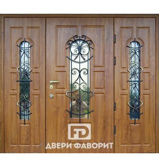дверь парадная с боковой вставкой для коттеджа со стеклом и ковкой